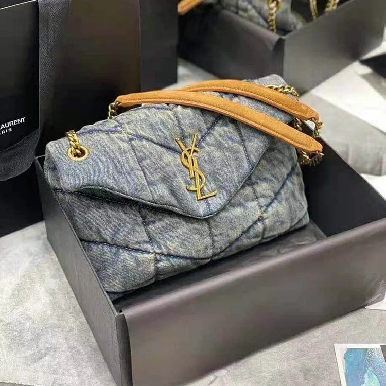 Y Puffer Small Bag in Quilted Vintage Denim and Suede