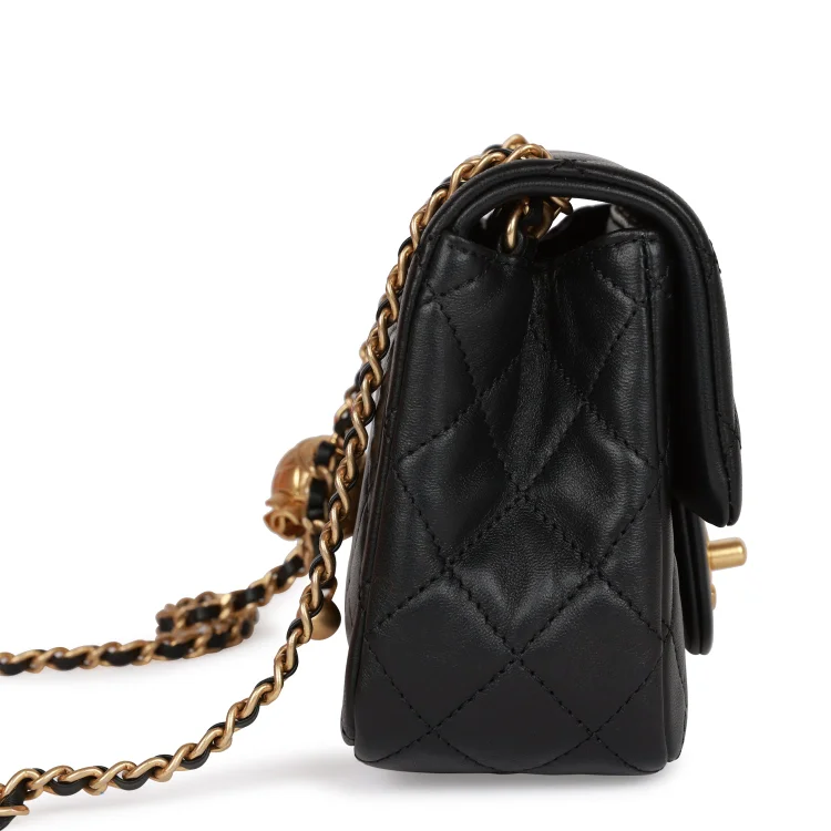 CC Pearl Crush Mini Square Flap Bag Black Lambskin Antique Gold Hardware - Image 2