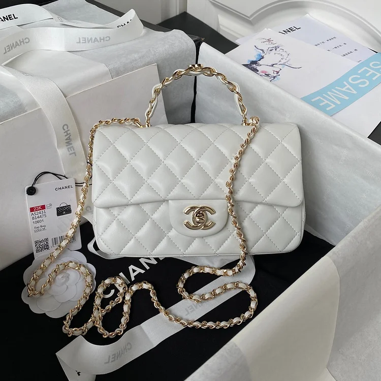 cc 23K AS2431 Mini flap Lambskin bag with top handle Black/white - Image 9