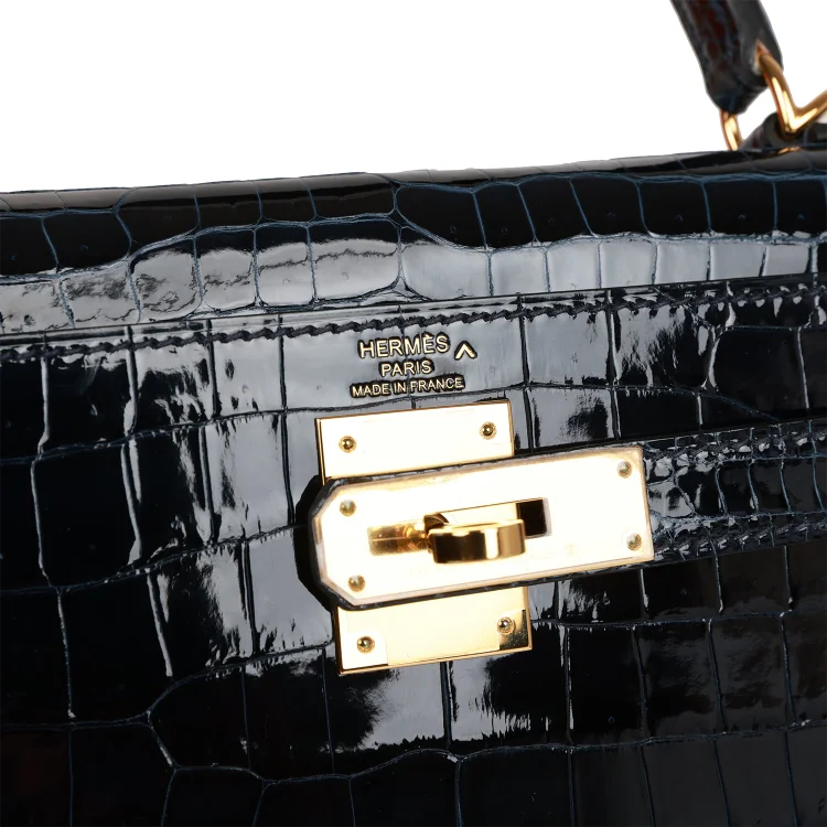 H Kelly Sellier 28 Bleu Baltique Shiny Porosus Crocodile Gold Hardware - Image 6
