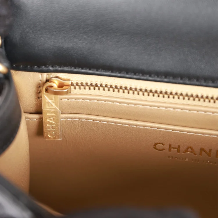 CC Pearl Crush Mini Square Flap Bag Black Lambskin Antique Gold Hardware - Image 9