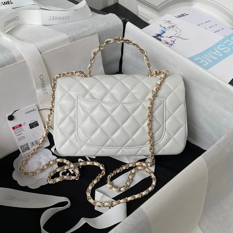 cc 23K AS2431 Mini flap Lambskin bag with top handle Black/white - Image 10