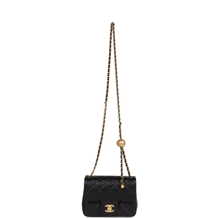 CC Pearl Crush Mini Square Flap Bag Black Lambskin Antique Gold Hardware - Image 6