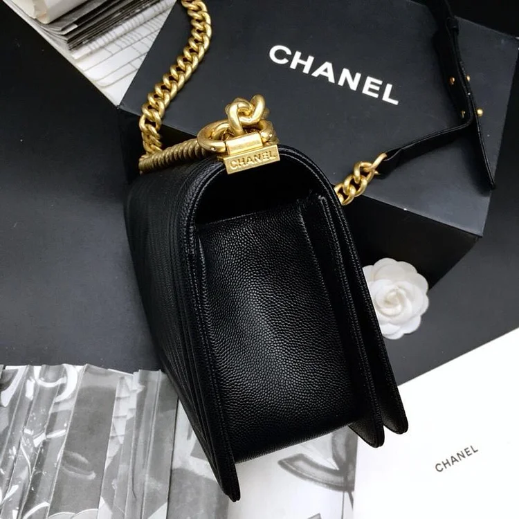 CC 25.5cm Boy Handbag Black Grained Calfskin Gold Tone Metal Caviar leather - Image 6