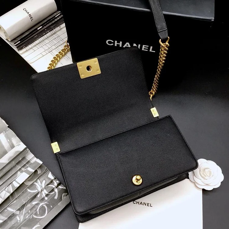 CC 25.5cm Boy Handbag Black Grained Calfskin Gold Tone Metal Caviar leather - Image 9