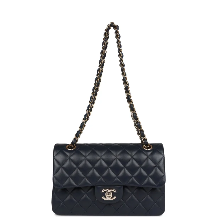 CC Small Classic Double Flap Navy Lambskin Light Gold Hardware - Image 6