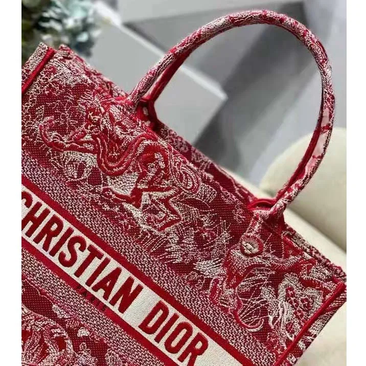CD Unisex Medium Book Tote Burgundy Toile De Jouy Stripes Embroidery - Image 6