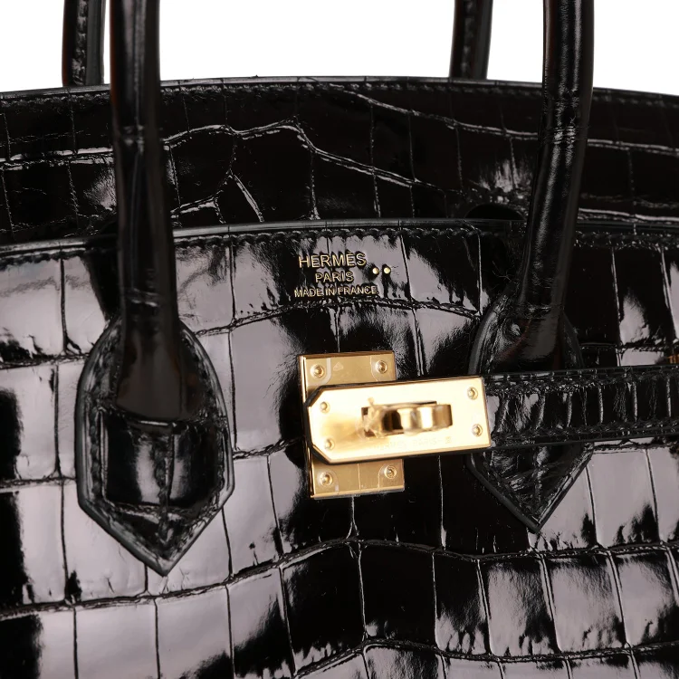 H Birkin 25 Black Shiny Niloticus Crocodile Gold Hardware - Image 6