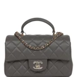 CC Mini Rectangular Flap Bag with Top Handle Dark Grey Lambskin Light Gold Hardware