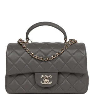 CC Mini Rectangular Flap Bag with Top Handle Dark Grey Lambskin Light Gold Hardware