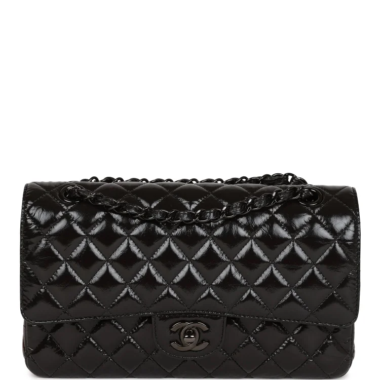 CC Medium Classic Double Flap Bag SO Black Crumpled Calfskin Black Hardware