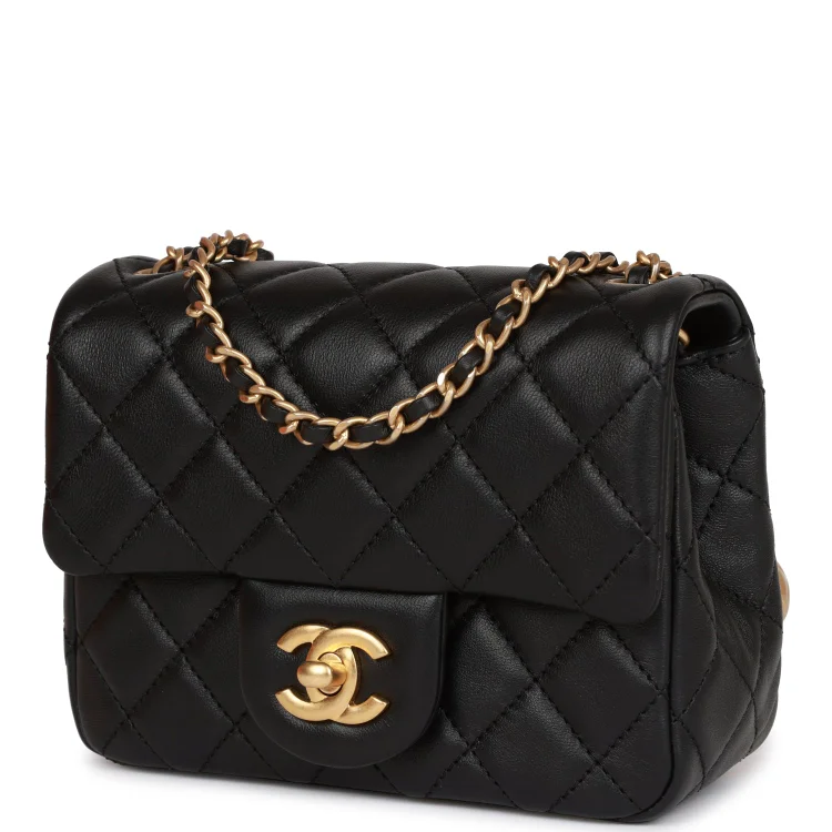 CC Pearl Crush Mini Square Flap Bag Black Lambskin Antique Gold Hardware - Image 4