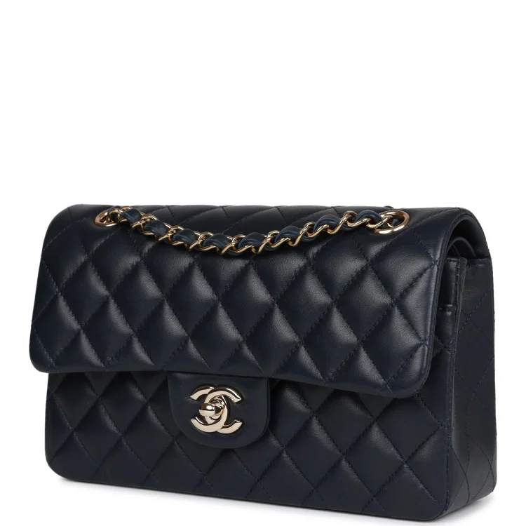 CC Small Classic Double Flap Navy Lambskin Light Gold Hardware - Image 4