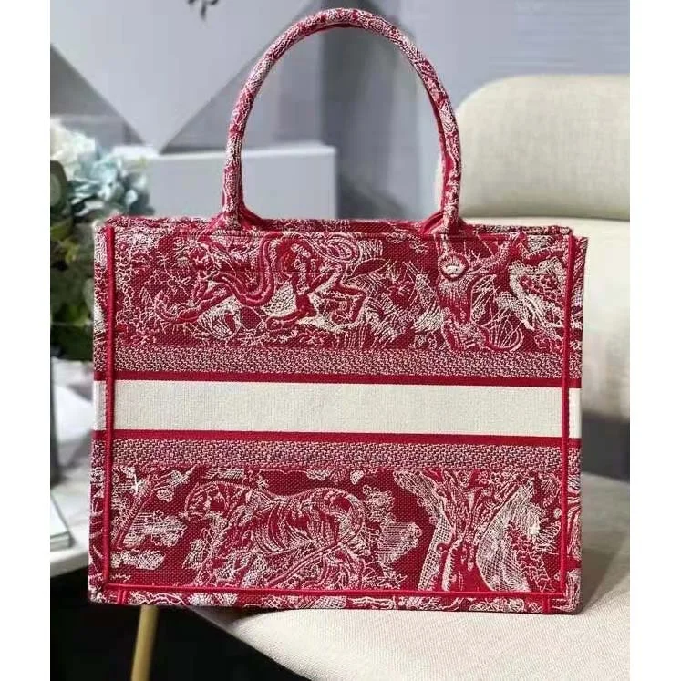 CD Unisex Medium Book Tote Burgundy Toile De Jouy Stripes Embroidery - Image 2