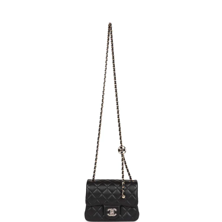 CC Pearl Crush Mini Square Flap Bag Black Lambskin Light Gold Hardware - Image 6