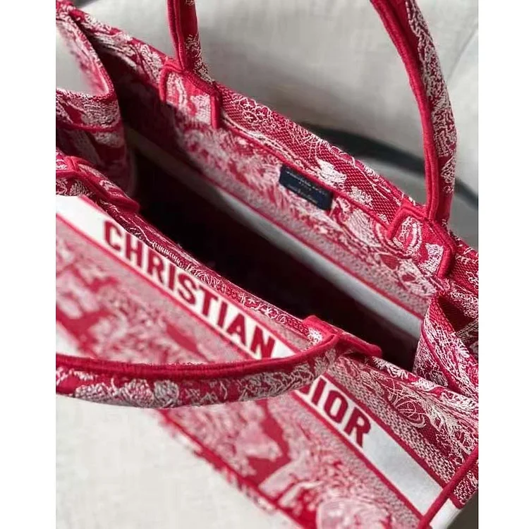 CD Unisex Medium Book Tote Burgundy Toile De Jouy Stripes Embroidery - Image 9