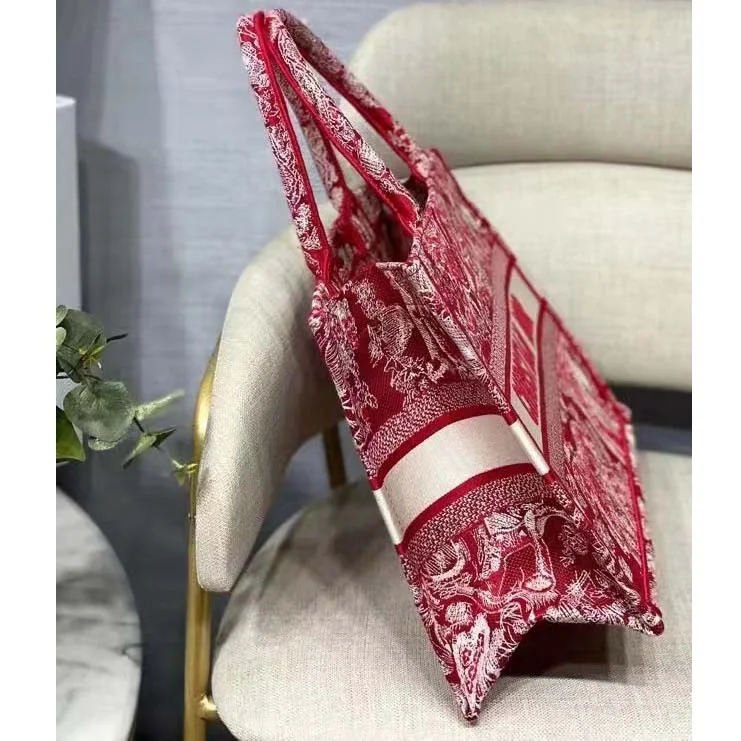 CD Unisex Medium Book Tote Burgundy Toile De Jouy Stripes Embroidery - Image 8