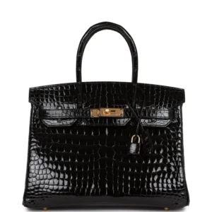 H Birkin 30 Black Shiny Niloticus Crocodile Gold Hardware