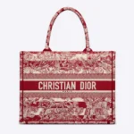 CD Unisex Medium Book Tote Burgundy Toile De Jouy Stripes Embroidery