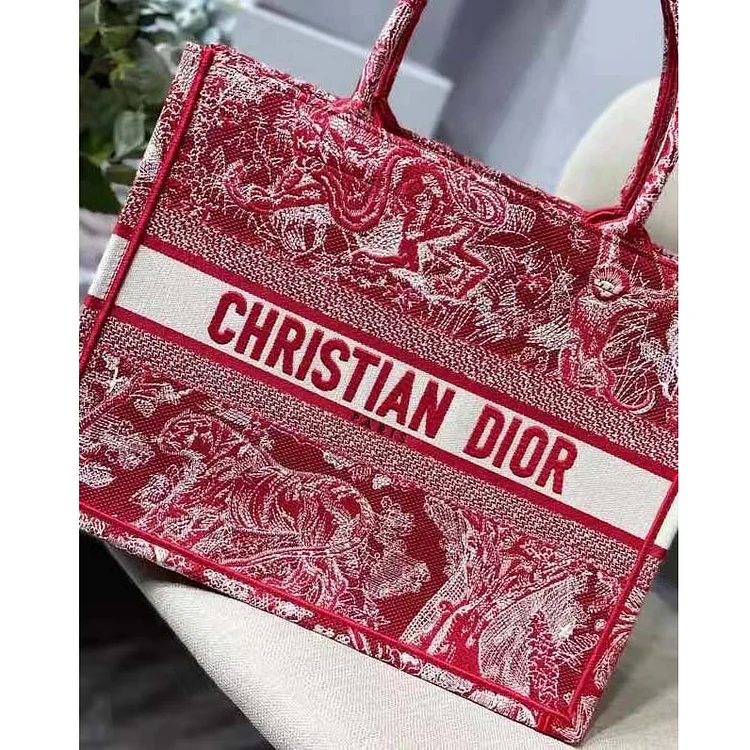CD Unisex Medium Book Tote Burgundy Toile De Jouy Stripes Embroidery - Image 3