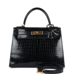 H Kelly Sellier 28 Bleu Baltique Shiny Porosus Crocodile Gold Hardware