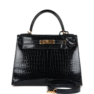 H Kelly Sellier 28 Bleu Baltique Shiny Porosus Crocodile Gold Hardware