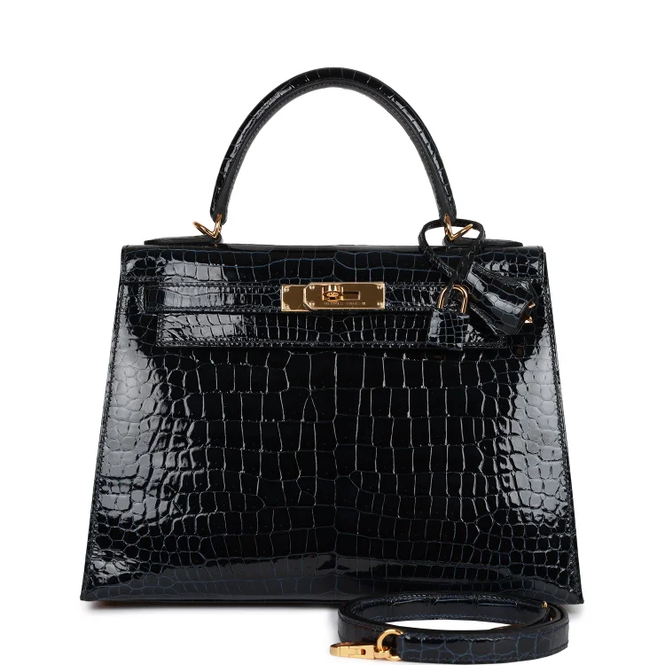 H Kelly Sellier 28 Bleu Baltique Shiny Porosus Crocodile Gold Hardware