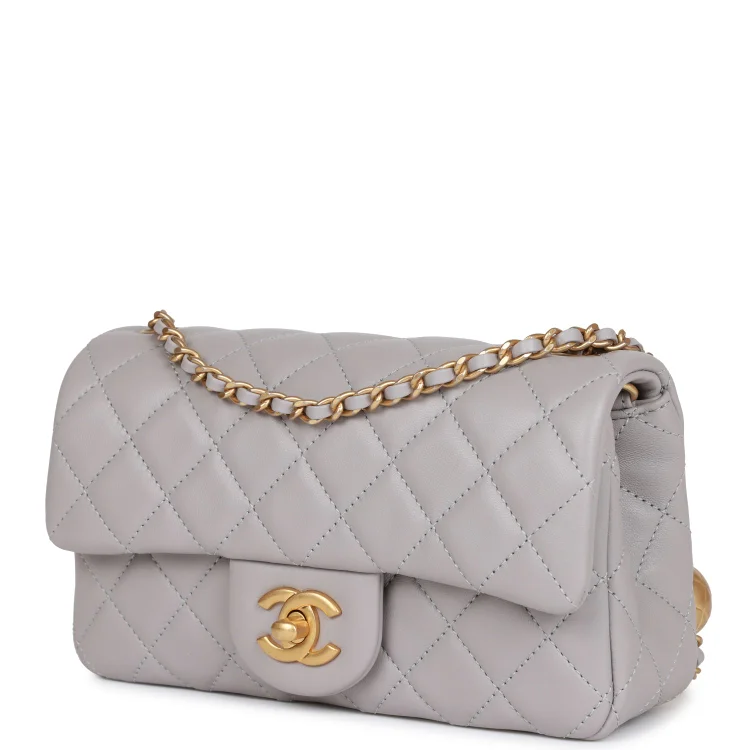CC Pearl Crush Mini Rectangular Flap Bag Light Grey Lambskin Antique Gold Hardware - Image 4