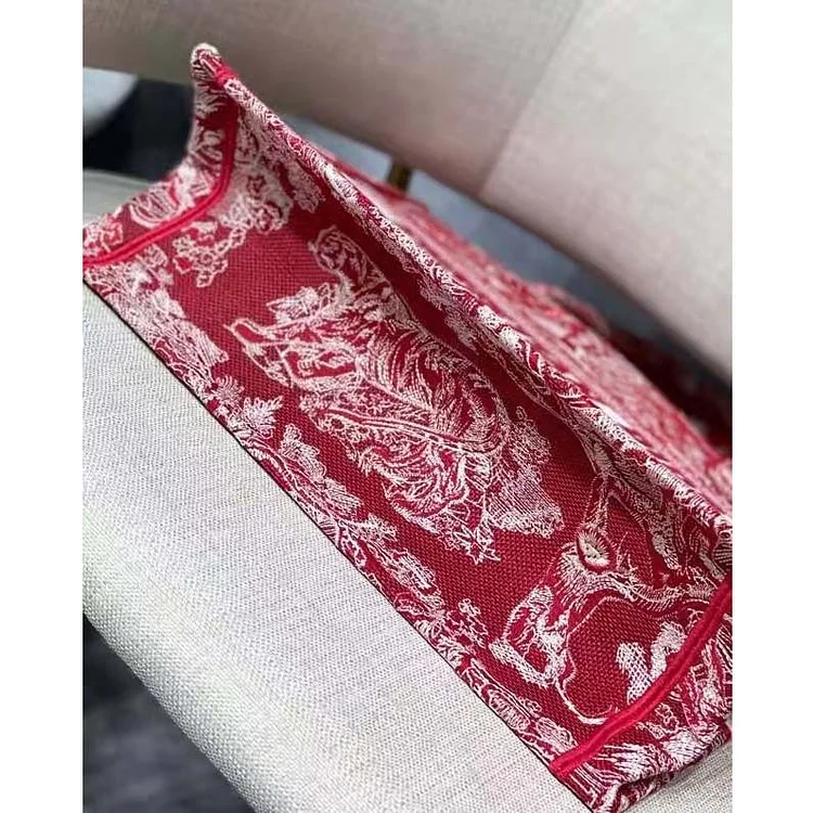 CD Unisex Medium Book Tote Burgundy Toile De Jouy Stripes Embroidery - Image 7