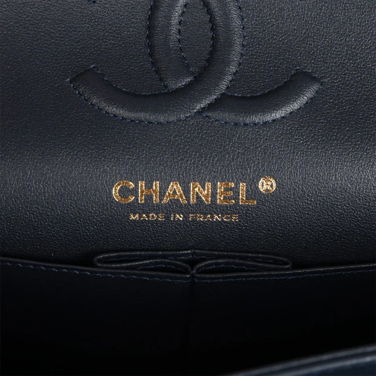 CC Small Classic Double Flap Navy Lambskin Light Gold Hardware - Image 7