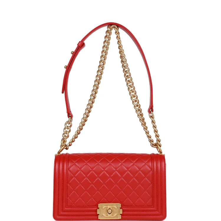CC Medium Boy Bag Red Lambskin Antique Gold Hardware - Image 6