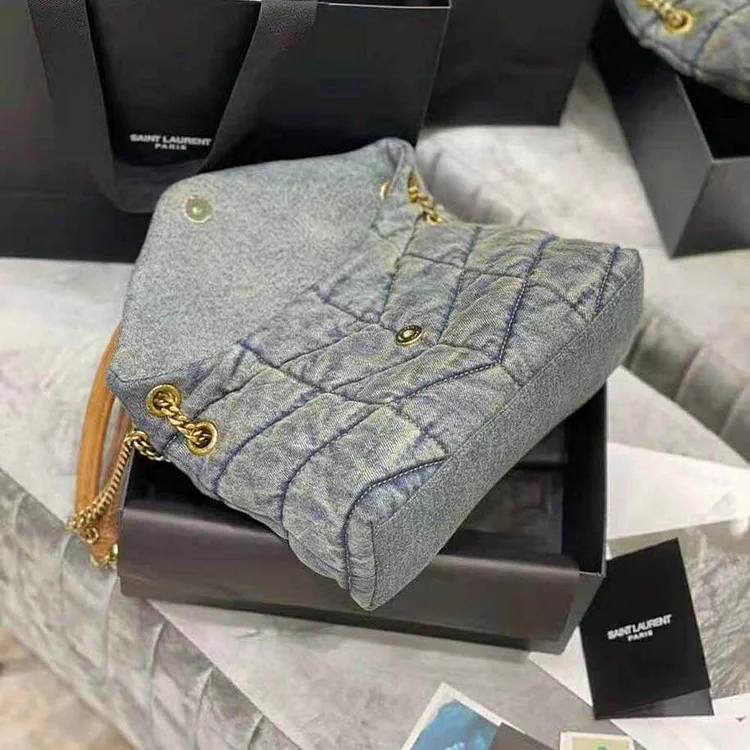 Y Puffer Small Bag in Quilted Vintage Denim and Suede - Image 7