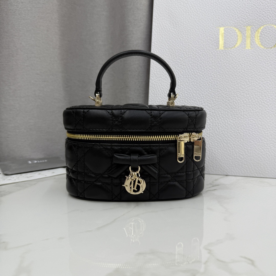 Dior Black Cannage Lambskin Leather Micro Lady Dior Vanity Case Gold Hardware Reps