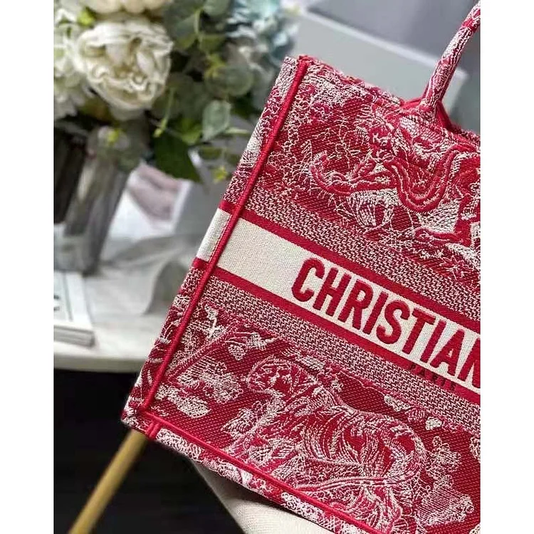 CD Unisex Medium Book Tote Burgundy Toile De Jouy Stripes Embroidery - Image 10