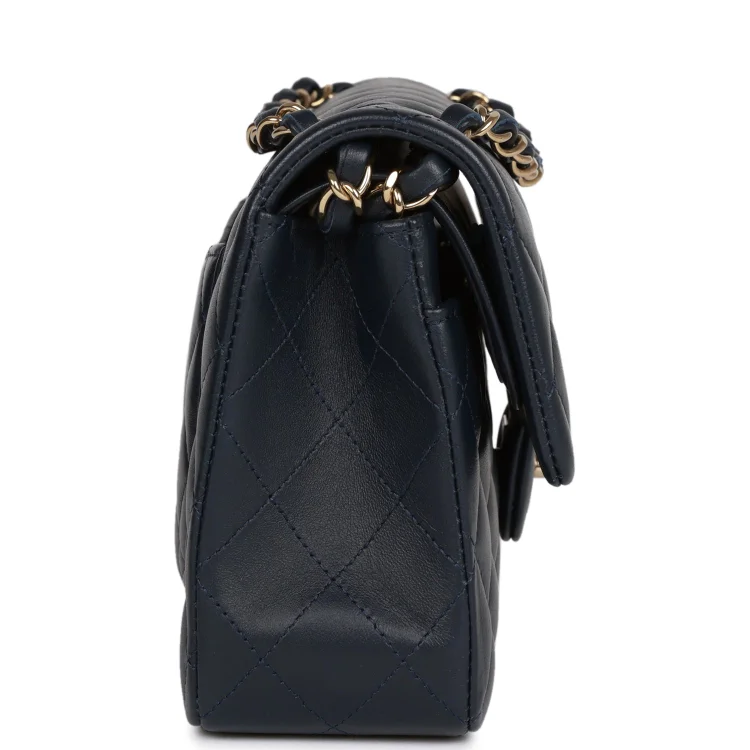 CC Small Classic Double Flap Navy Lambskin Light Gold Hardware - Image 2