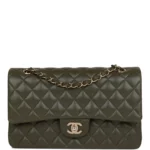 CC Medium Classic Double Flap Bag Olive Calfskin Light Gold Hardware