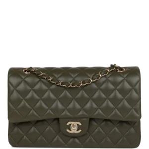 CC Medium Classic Double Flap Bag Olive Calfskin Light Gold Hardware