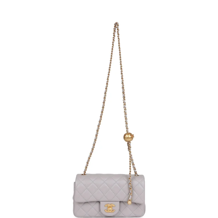 CC Pearl Crush Mini Rectangular Flap Bag Light Grey Lambskin Antique Gold Hardware - Image 6