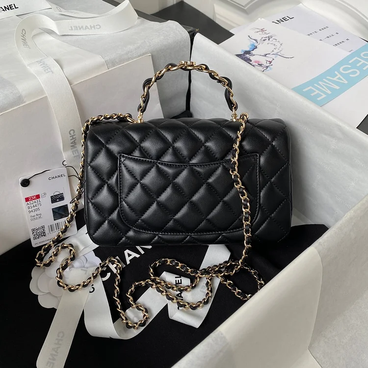 cc 23K AS2431 Mini flap Lambskin bag with top handle Black/white - Image 2