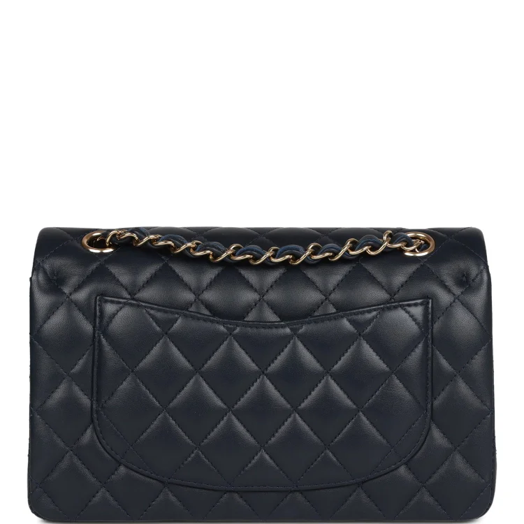 CC Small Classic Double Flap Navy Lambskin Light Gold Hardware - Image 3