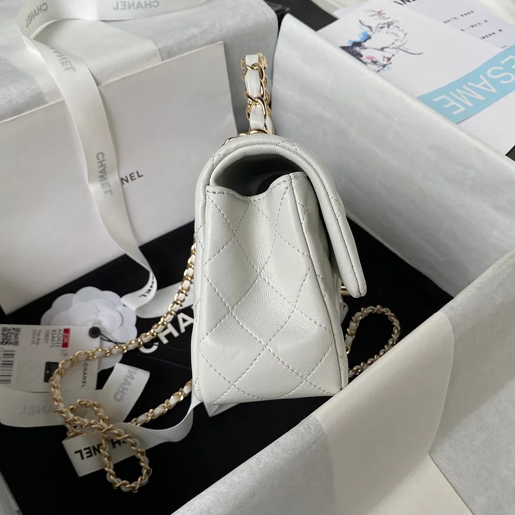 cc 23K AS2431 Mini flap Lambskin bag with top handle Black/white - Image 12