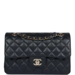 CC Small Classic Double Flap Navy Lambskin Light Gold Hardware