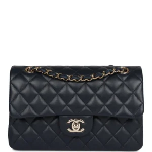 CC Small Classic Double Flap Navy Lambskin Light Gold Hardware
