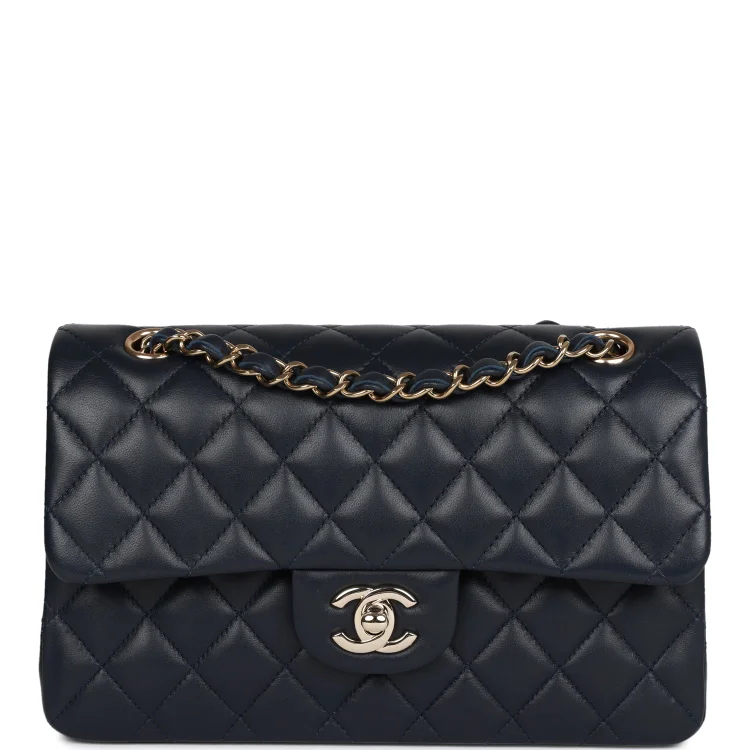 CC Small Classic Double Flap Navy Lambskin Light Gold Hardware