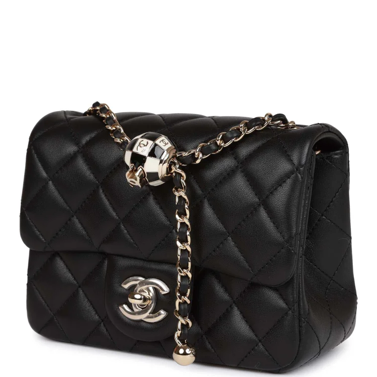 CC Pearl Crush Mini Square Flap Bag Black Lambskin Light Gold Hardware - Image 4