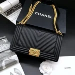CC 25.5cm Boy Handbag Black Grained Calfskin Gold Tone Metal Caviar leather