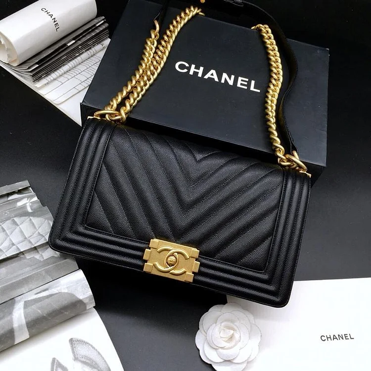CC 25.5cm Boy Handbag Black Grained Calfskin Gold Tone Metal Caviar leather