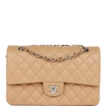 CC Medium Classic Double Flap Bag Beige Lambskin Silver Hardware