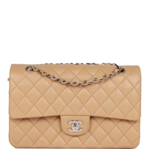CC Medium Classic Double Flap Bag Beige Lambskin Silver Hardware