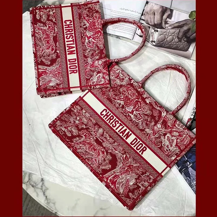 CD Unisex Medium Book Tote Burgundy Toile De Jouy Stripes Embroidery - Image 4